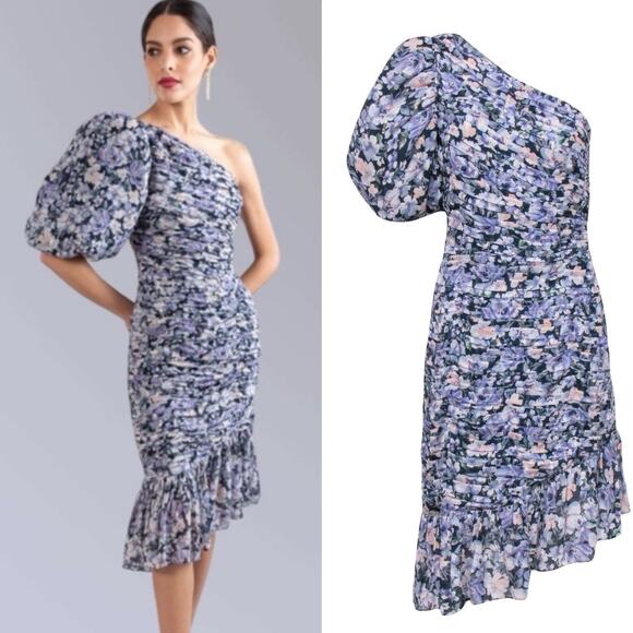Shoshanna Midnight Mazie Puff One-Shoulder Dress Floral Print Size 0 Cocktail - Picture 1 of 8